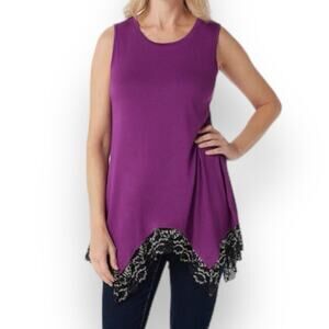 Logo Layers By Lori Goldstein purple stretch jersey knit lace hem tank tunic top